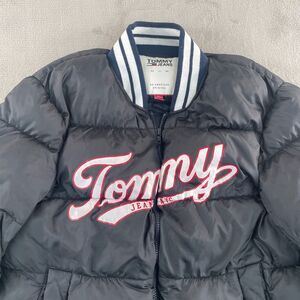 Tommy Jeans Puffer Jacket Men XL Black Center Print Logo Full Zip Y2K Hip Hop